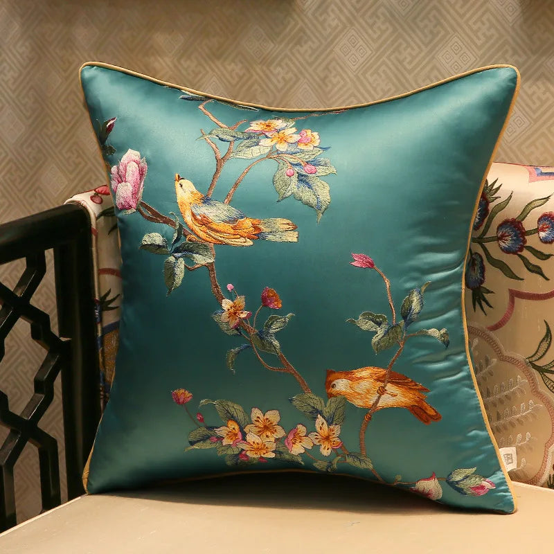 Chinese Style Rose Pattern Silk Cushion Cover Chinese Style Coffee Lack Blue Pillowcases Luxury Birds Flowers Pillow Cover